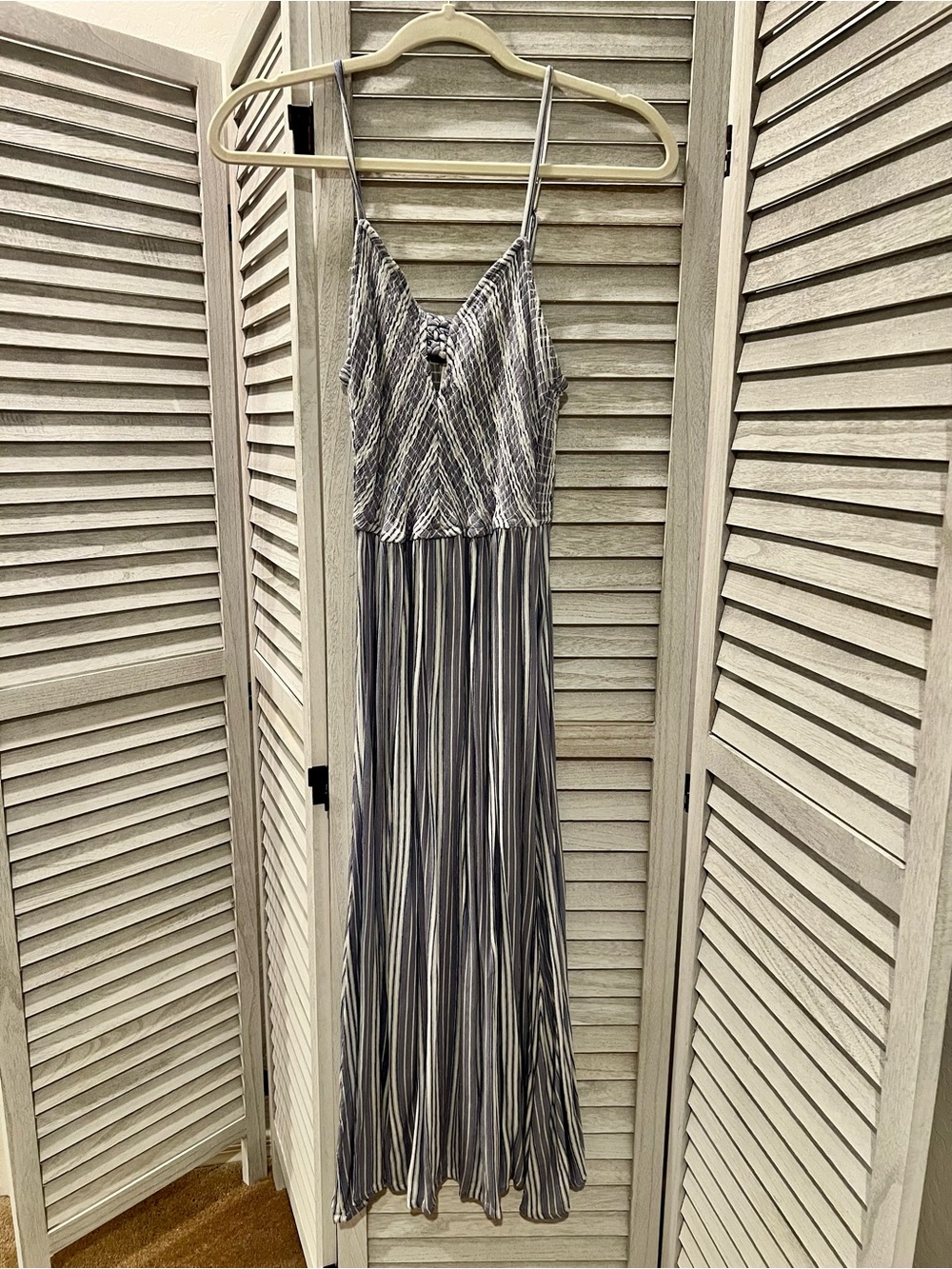 Japna Gray and White Striped Spaghetti Strap Maxi Dress